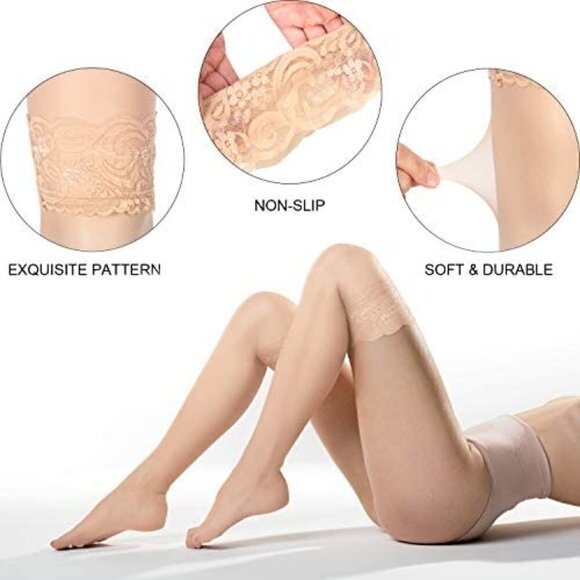 SILK Thigh High Stockings Women Lace Silicone Socks Satin Bow Top Sexy NWT - Picture 5 of 7